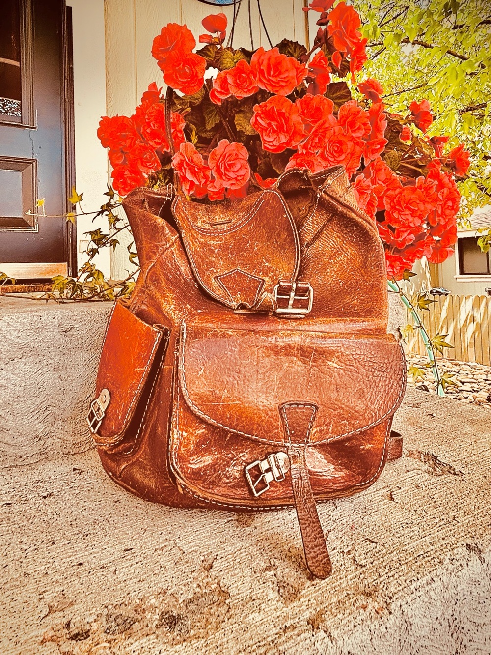 Brown Leather Backpack with Buckle Pockets
